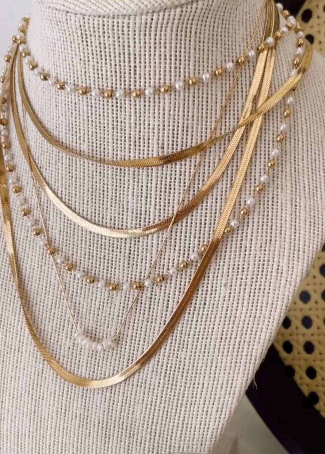 Gold and Pearl Bead Layered Neckalce